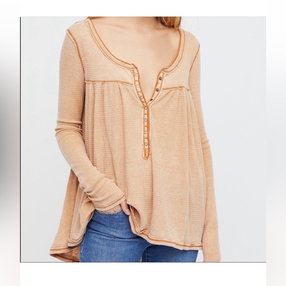 Free People Kai Henley in Khaki Brown Boho relaxed sweater medium long sleeve